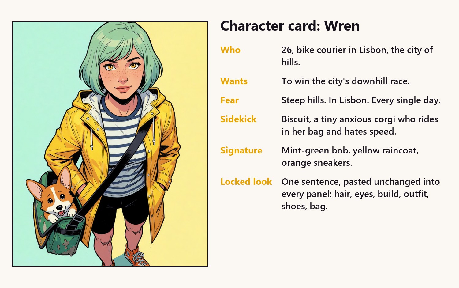 Wren's card. Every line hands you a story: what she wants is a season, the fear is the twist, the sidekick is a gag in every episode.