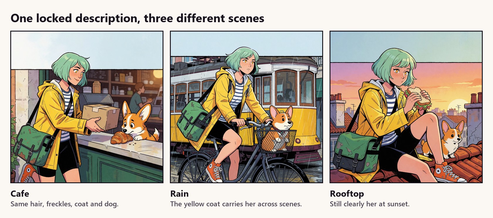 One locked description, three unrelated scenes. Small details drift; the signature (mint hair, yellow coat, the corgi) carries her.