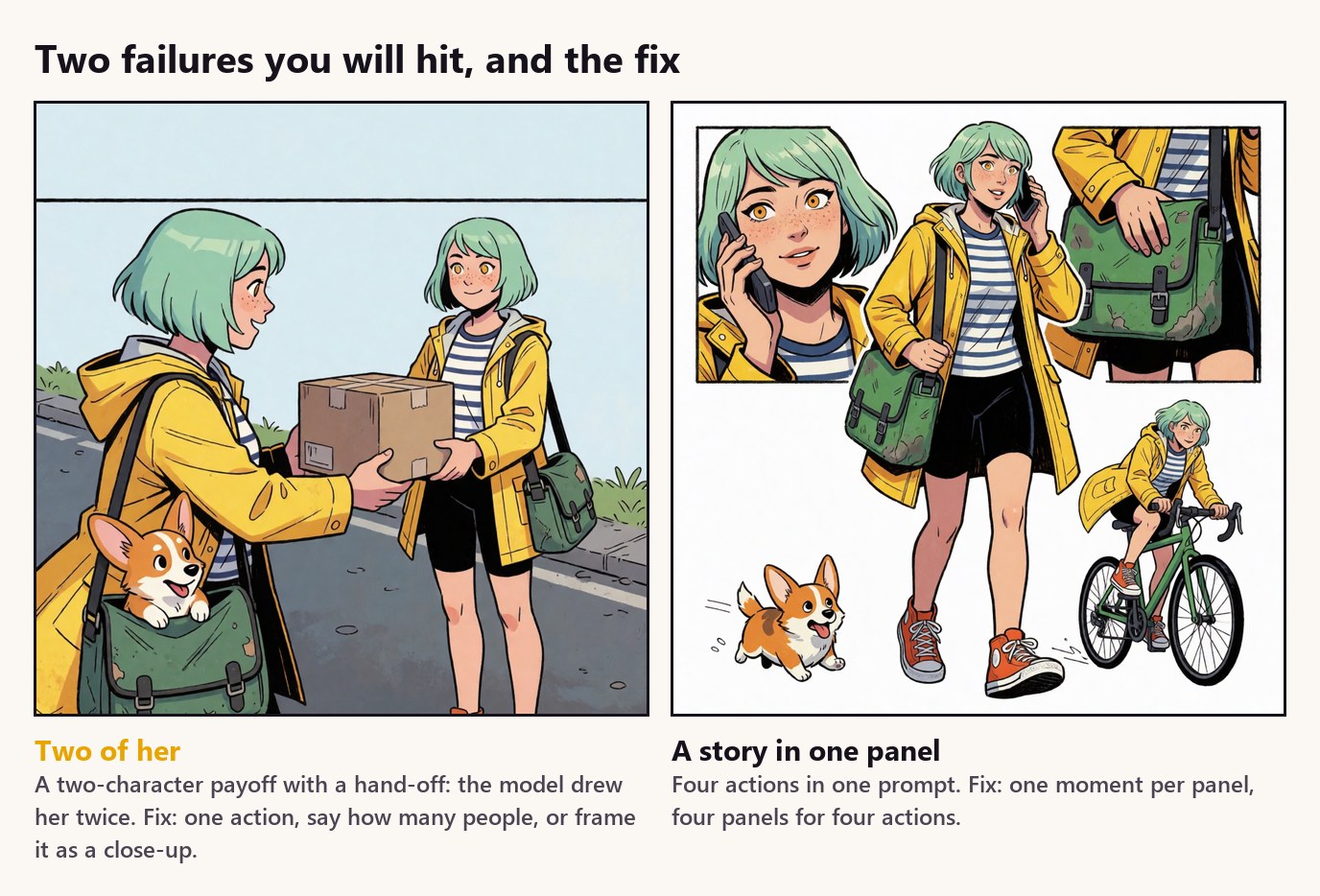 Both came straight out of the model. Left: the courier drawn twice in one hand-off. Right: a whole sequence crammed into one image.