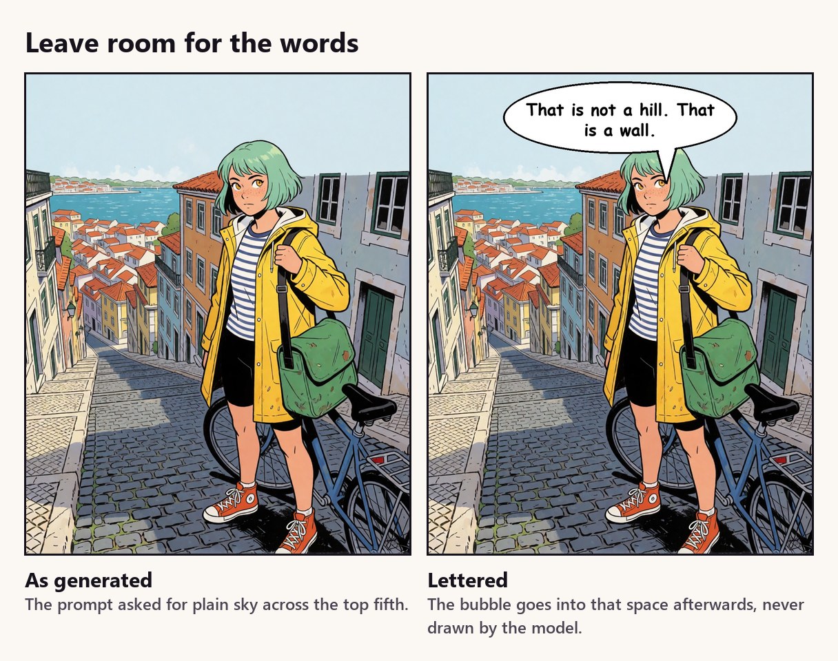 The panel as generated, with a plain band of sky at the top, and the same panel lettered. The bubble never covers a face.