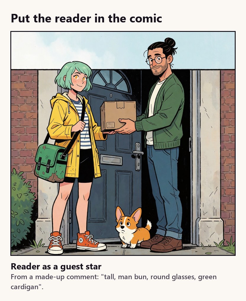 The same idea with Wren: a reader's one-line description, delivered as a panel. Always show one example from a made-up description so nobody has to guess what to write.