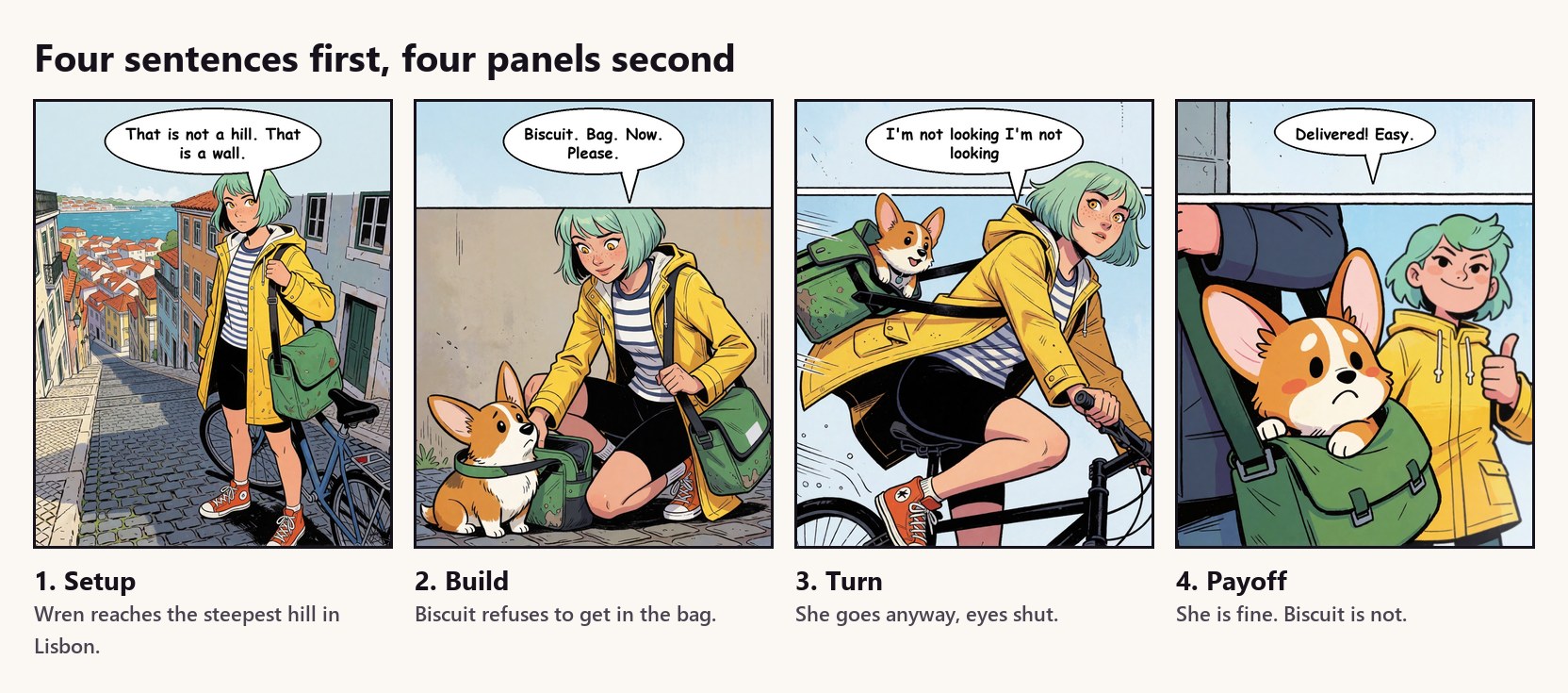 Wren's first strip: four sentences, then four panels. Each panel prompt is one of these sentences plus the locked looks and the style.