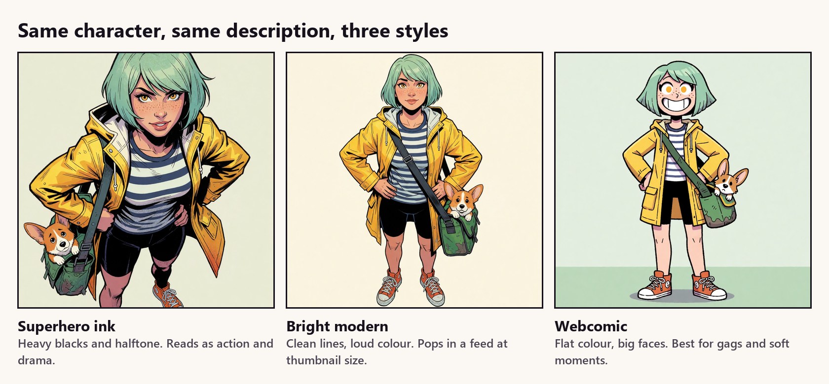 The same description and pose in three styles. Only the style words at the start of the prompt changed.